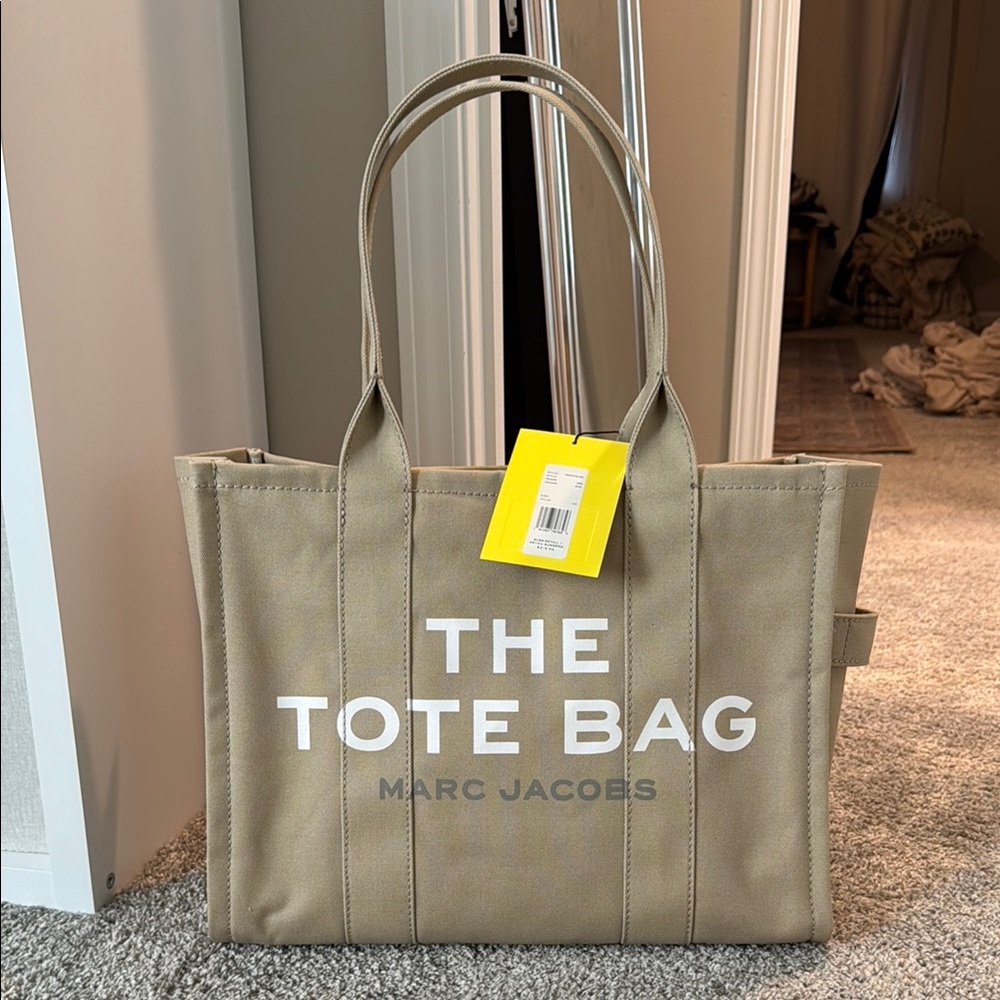Marc Jacobs Tan Canvas Tote Bag with Bold Text